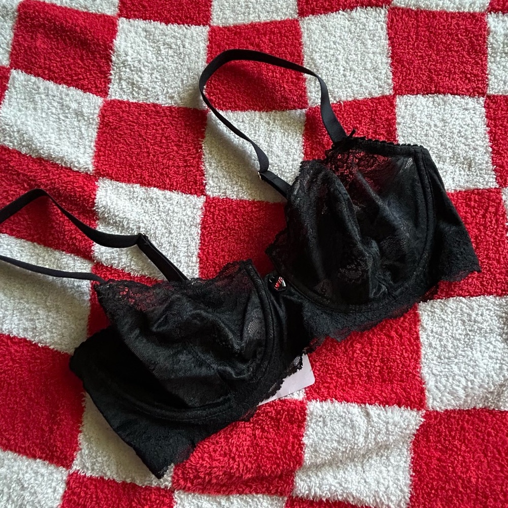 Savage x Fenty by Rhianna, black lacy romantic balconette bra, size 36DD